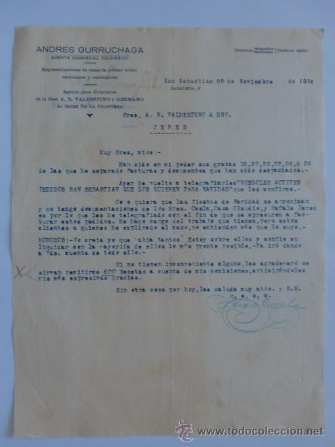 Cartas comerciais: CARTA COMERCIAL. SAN SEBASTIAN. MOVIEMBRE 1934. ANDRES GURRUCHAGA. AGENTE COMERCIAL COLEGIADO.