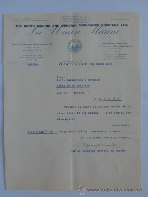 Gesch&auml;ftsbriefe: CARTA COMERCIAL. BARCELONA. ENERO 1936. LA UNION MARINE. SUCURSAL ESPA&Ntilde;OLA, F. FERRER ROMANGUERA.