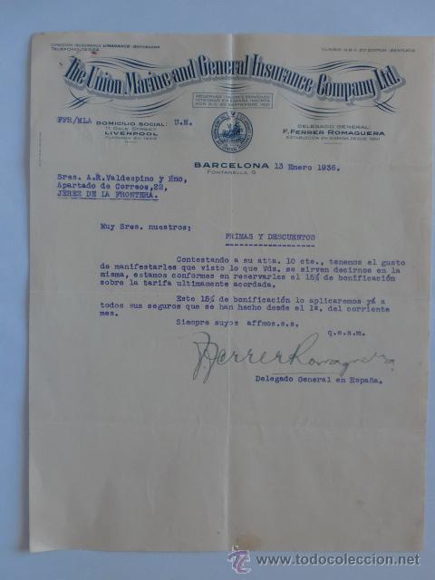 Gesch&auml;ftsbriefe: CARTA COMERCIAL. BARCELONA. ENERO 1936. LA UNION MARINE. SUCURSAL ESPA&Ntilde;OLA, F. FERRER ROMANGUERA.
