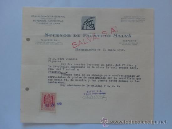 Gesch&auml;ftsbriefe: CARTA COMERCIAL. BARCELONA. ENERO 1950. SUCESOR DE FAUSTINO SALVA. CONFECCIONES EN GENERAL.