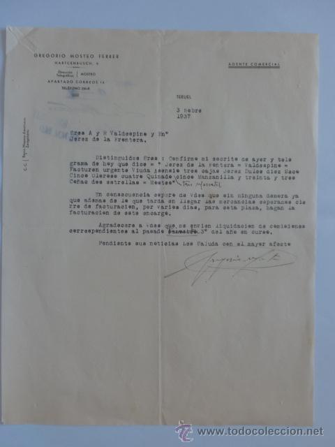 Gesch&auml;ftsbriefe: CARTA COMERCIAL. TERUEL. NOVIEMBRE 1937. GREGORIO MOSTEO FERRER. AGENTE COMERCIAL.