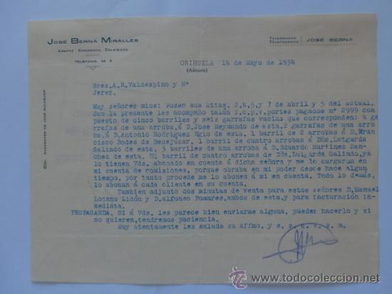 Gesch&auml;ftsbriefe: CARTA COMERCIAL. ORIHUELA, ALICANTE. MAYO 1934. JOSE BERNA MIRALLES. AGENTE COMERCIAL COLEGIADO.