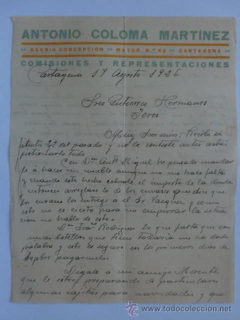 Cartas comerciais: CARTA COMERCIAL. CARTAGENA. AGOSTO 1926. ANTONIO COLOMA MARTINEZ. COMISIONES Y REPRESENTACIONES.