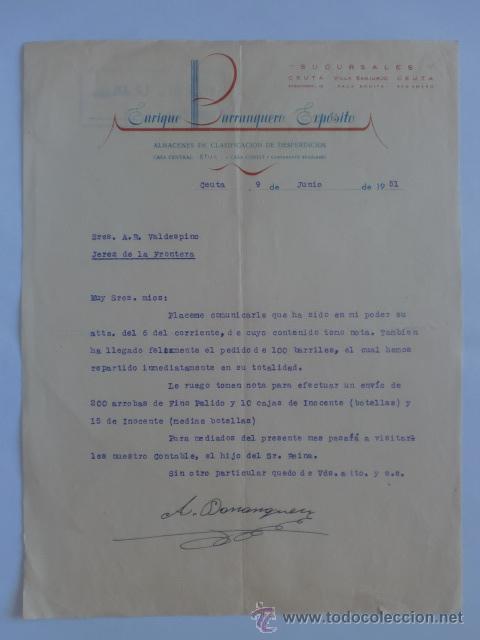 Cartas comerciais: CARTA COMERCIAL. CEUTA. JUNIO 1951. ENRIQUE BARRANQUERO EXPOSITO. ALMACEN CLASIFICACION DESPERDICIOS