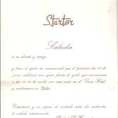 Cartas comerciales: STARTER.SALUDA INVITACIÓN FIESTA DE GALA. GRAN HOTEL. FIRMA: RAFAEL D' HARCOURT.ZARAGOZA.MAYO 1984.. Lote 34076299