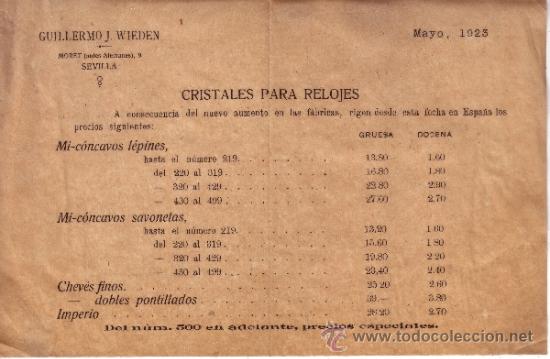Lettres commerciales: CARTA COMERCIAL CON TARIFA DE PRECIOS DE CRISTALES PARA RELOJES - MAYO 1923 - GUILLERMO J. WIEDEN
