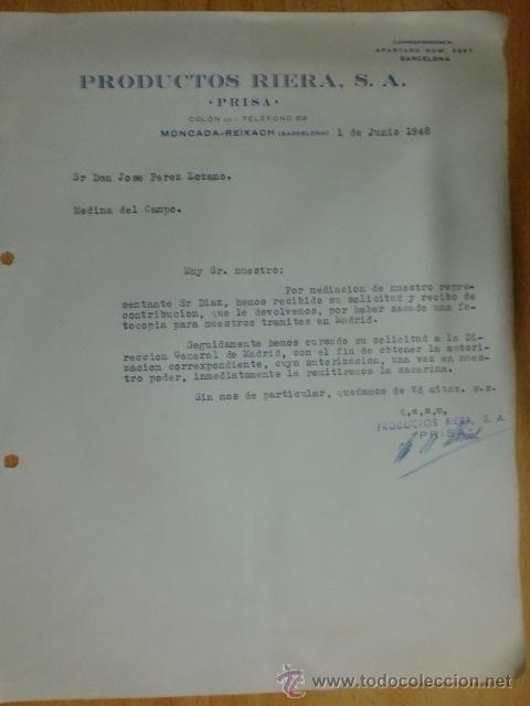 Lettres commerciales: CARTA COMERCIAL. MONCADA-REIXACH, BARCELONA. JUNIO 1948. PRODUCTOS RIERA, S. A. PRISA.