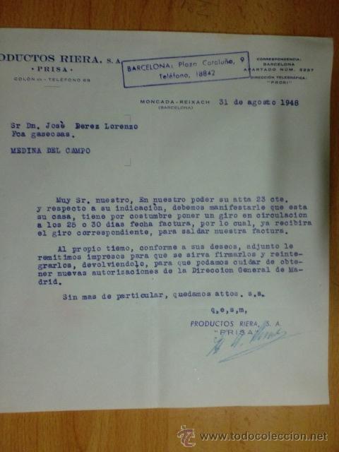 Lettres commerciales: CARTA COMERCIAL. MONCADA-REIXACH, BARCELONA. AGOSTO 1948. PRODUCTOS RIERA, S. A. PRISA.