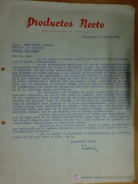Lettres commerciales: CARTA COMERCIAL.BARCELONA. ENERO 1948. PRODUCTOS NECTO.