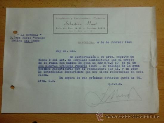 Lettres commerciales: CARTA COMERCIAL. BARCELONA. FEBRERO 1948. CARPINTER&Iacute;A Y CONSTRUCCIONES MEC&Aacute;NICAS SEBASTIAN MUNT.