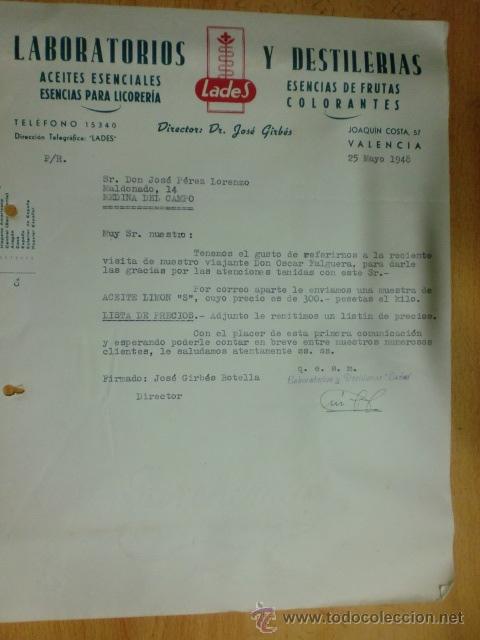Lettres commerciales: CARTA COMERCIAL. VALENCIA. MAYO 1948. LABORATORIOS Y DESTIERIAS LADESD. DR. JOSE GIRBES.
