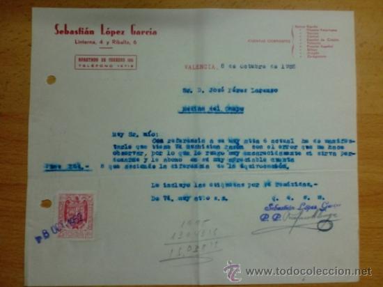Lettres commerciales: CARTA COMERCIAL. VALENCIA. OCTUBRE 1952. SEBASTIAN LOPEZ GARCIA.