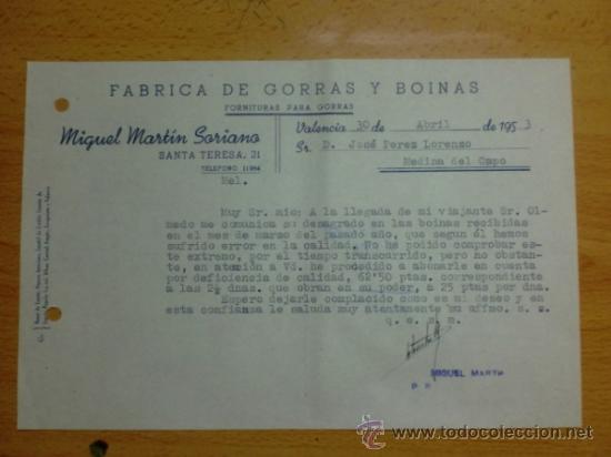 Lettres commerciales: CARTA COMERCIAL. VALENCIA. ABRIL  1953. MIGUEL MARTIN SORIANO. FABRICA DE GORRAS Y BOINAS.