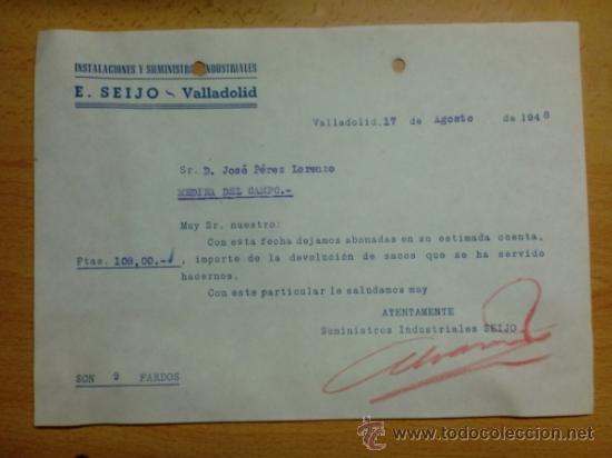 Lettres commerciales: CARTA COMERCIAL. VALLADOLID. AGOSTO 1948. E. SEIJO. INSTALACIONES Y SUMINISTROS INDUSTRIALES.