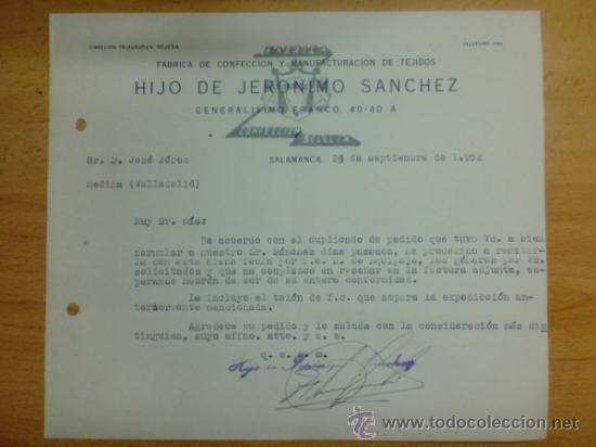 Lettres commerciales: CARTA COMERCIAL. SALAMANCA. SEPTIEMBRE 1952. HIJO DE JERONIMO SANCHEZ. CONFECCION Y MANUFACTURACION.