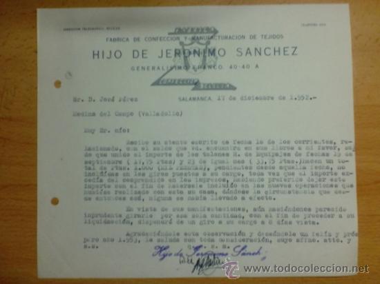 Lettres commerciales: CARTA COMERCIAL. SALAMANCA. DICIEMBRE 1952. HIJO DE JERONIMO SANCHEZ. CONFECCION Y MANUFACTURACION.