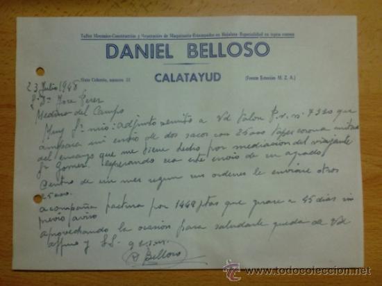 Lettres commerciales: CARTA COMERCIAL. CALATAYUD. JULIO 1948. DANIEL BELLOSO. TALLER MECANICO. CONSTRUCCION Y REPARACION.