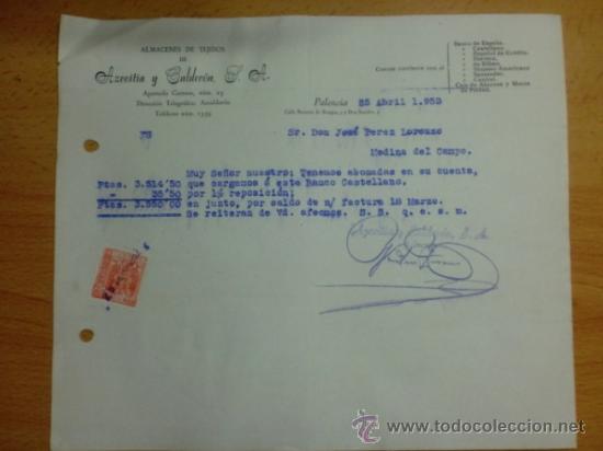 Lettres commerciales: CARTA COMERCIAL. PALENCIA. ABRIL 1953. AZCOITIA Y CALDERON. ALMACENES DE TEJIDOS.