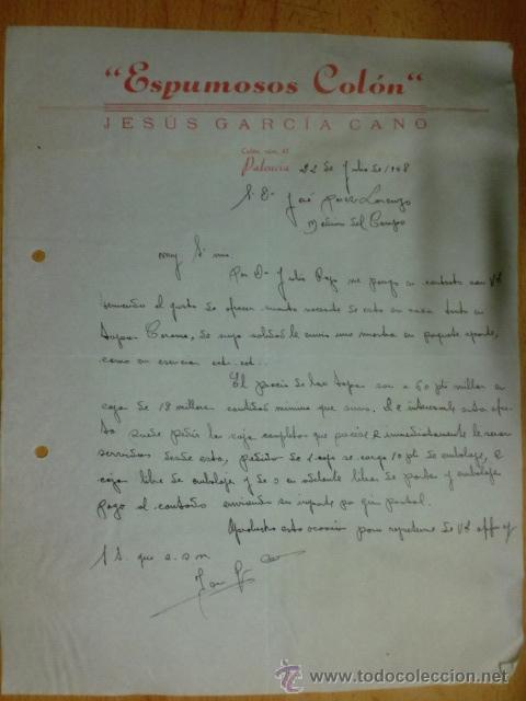 Lettres commerciales: CARTA COMERCIAL. PALENCIA. JULIO 1948. JESUS GARCIA CANO. ESPUMOSOS COLON.