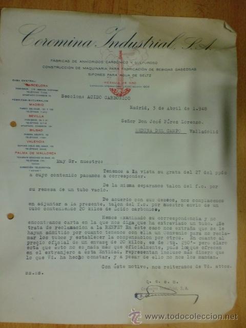 Lettres commerciales: CARTA COMERCIAL. MADRID. ABRIL 1948. COROMINA INDUSTRIAL, S. A. FABRICAS DE ANH&Iacute;DRIDOS CARB&Oacute;NICOS.