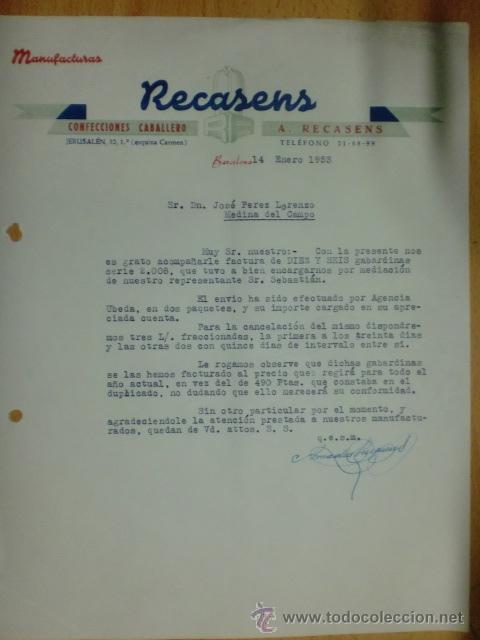 Lettere commerciali: CARTA COMERCIAL. BARCELONA. ENERO 1953. MANUFACTURAS RECASENS. CONFECCIONES DE CABALLERO.