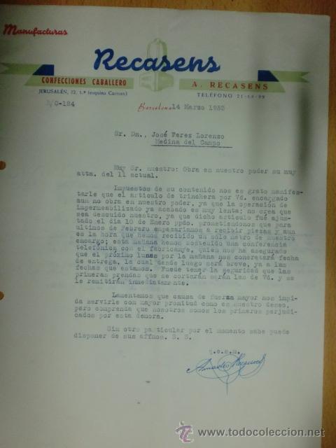 Lettere commerciali: CARTA COMERCIAL. BARCELONA. MARZO 1953. MANUFACTURAS RECASENS. CONFECCIONES DE CABALLERO.