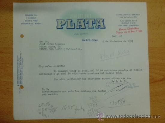 Lettere commerciali: CARTA COMERCIAL. BARCELONA. DICIEMBRE 1957. CONFECCIONES PLATA. CAMISERIA FINA Y CORRIENTE.