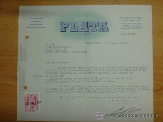 Lettere commerciali: CARTA COMERCIAL. BARCELONA. ENERO 1958. CONFECCIONES PLATA. CAMISERIA FINA Y CORRIENTE.