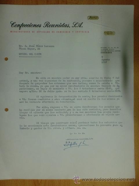 Lettere commerciali: CARTA COMERCIAL. BARCELONA. AGOSTO 1957. CONFECCIONES REUNIDAS, S. A. MANUFACTURAS DE CAMISERIA.