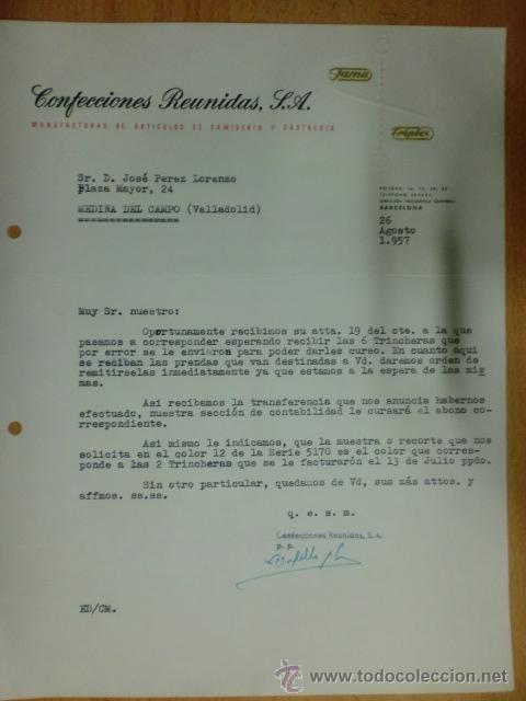 Lettere commerciali: CARTA COMERCIAL. BARCELONA. AGOSTO 1957. CONFECCIONES REUNIDAS, S. A. MANUFACTURAS DE CAMISERIA.