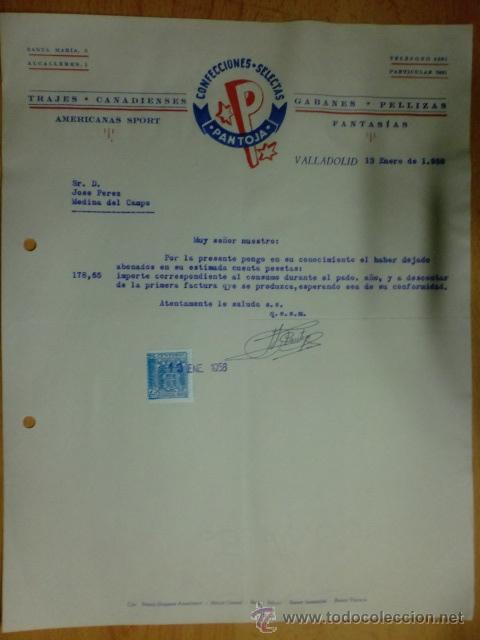 Lettere commerciali: CARTA COMERCIAL. VALLADOLID. ENERO 1958. CONFECCIONES SELECTAS PANTOJA. TRAJES CANADIENSES, GABANES.