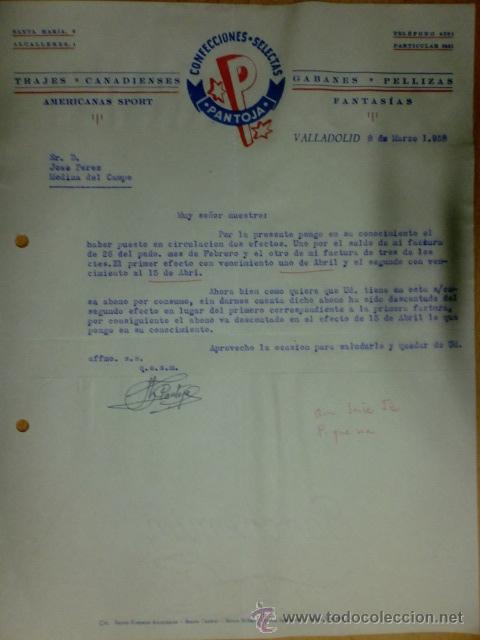 Lettere commerciali: CARTA COMERCIAL. VALLADOLID. MARZO 1958. CONFECCIONES SELECTAS PANTOJA. TRAJES CANADIENSES, GABANES.