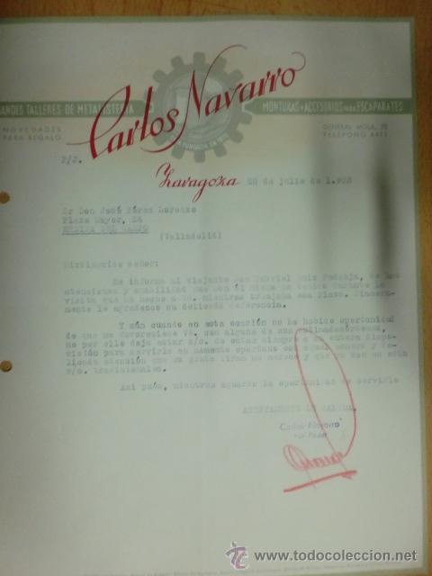 Lettere commerciali: CARTA COMERCIAL. ZARAGOZA. JULIO 1953. CARLOS NAVARRO. GRANDES TALLERES DE METALISTERIA, MONTURAS.