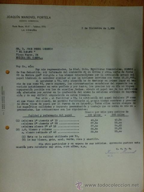Lettere commerciali: CARTA COMERCIAL. LA CORU&Ntilde;A. DICIEMBRE 1958. JOAQUIN MANOVEL PORTELA. AGENTE COMERCIAL.