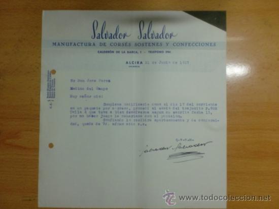 Lettere commerciali: CARTA COMERCIAL. ALCIRA. JUNIO 1957. SALVADOR SALVADOR. MANUFACTURA DE CORSES, SOSTENES Y CONFECCION