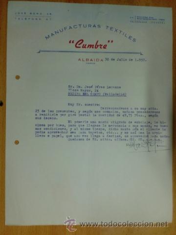Lettere commerciali: CARTA COMERCIAL. ALBAIDA. JULIO 1957. MANUFACTURAS TEXTILES CUMBRE.