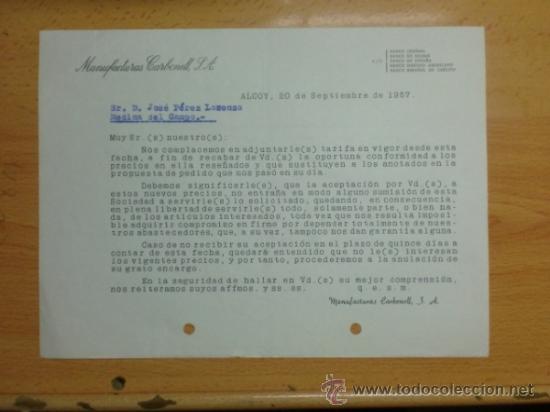 Lettere commerciali: CARTA COMERCIAL. ALCOY. SEPTIEMBRE 1957. MANUFACTURAS CARBONELL, S. A.