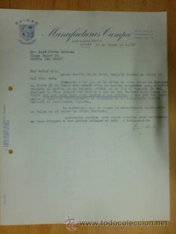 Lettere commerciali: CARTA COMERCIAL. AVILES. MARZO 1959. MANUFACTURAS CAMPA. JOSE ALONSO GARCIA. BOINAS.