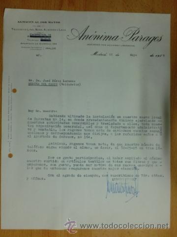 Lettere commerciali: CARTA COMERCIAL. MADRID. MAYO 1959. ANONIMA PARAGES. ALMACEN AL POR MAYOR DE TEJIDOS.