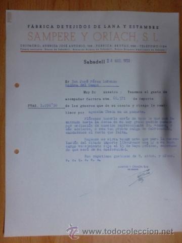 Lettere commerciali: CARTA COMERCIAL. SABADELL. MARZO 1953. SAMPERE Y ORIACH, S. L. FABRICA DE TEJIDOS DE LANA Y ESTAMBRE