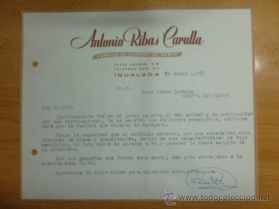 Lettere commerciali: CARTA COMERCIAL. IGUALADA. ENERO 1953. ANTONIO RIBAS CARULLA. FABRICA DE GENEROS DE PUNTO.