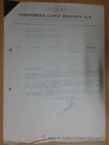 Lettere commerciali: CARTA COMERCIAL. MURCIA. MARZO 1952. INDUSTRIAS LOPEZ BRIONES, S. A. FABRICA DE TEJIDOS.