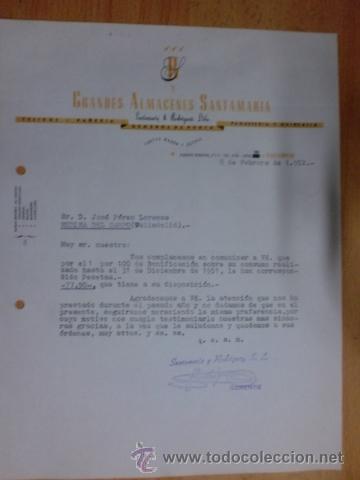 Lettere commerciali: CARTA COMERCIAL. VALLADOLID. FEBRERO 1952. GRANDES ALMACENES SANTAMARIA. TEJIDOS, PA&Ntilde;ERIA, GENEROS.