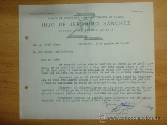 Lettere commerciali: CARTA COMERCIAL. SALAMANCA. AGOSTO 1952. HIJO DE JERONIMO SANCHEZ. FABRICA DE TEJIDOS.