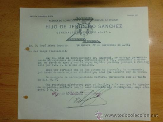 Lettere commerciali: CARTA COMERCIAL. SALAMANCA. NOVIEMBRE 1951. HIJO DE JERONIMO SANCHEZ. FABRICA DE TEJIDOS.