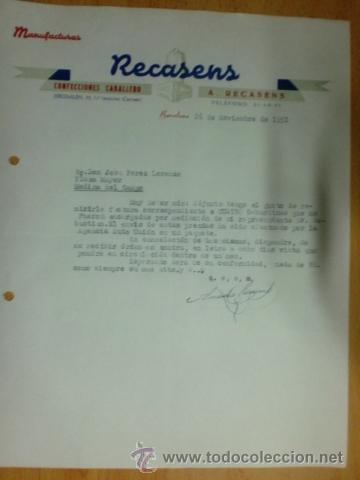 Lettere commerciali: CARTA COMERCIAL. BARCELONA. NOVIEMBRE 1951. MANUFACTURAS RECASENS. CONFECCIONES CABALLERO.