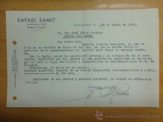Cartas comerciales: CARTA COMERCIAL. BARCELONA. JUNIO 1952. RAFAEL SAMIT. - Foto 1