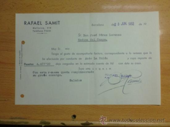 Lettere commerciali: CARTA COMERCIAL. BARCELONA. JUNIO 1952. RAFAEL SAMIT.