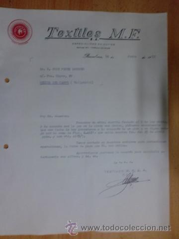 Lettere commerciali: CARTA COMERCIAL. BARCELONA. JUNIO 1952. TEXTILES M. F., S. A. ESPECIALIDAD EN CUTIES.