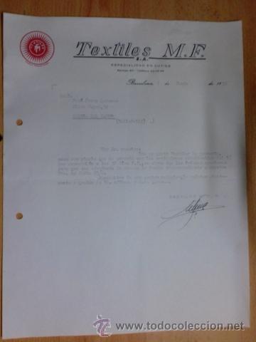 Lettere commerciali: CARTA COMERCIAL. BARCELONA. JUNIO 1952. TEXTILES M. F., S. A. ESPECIALIDAD EN CUTIES.